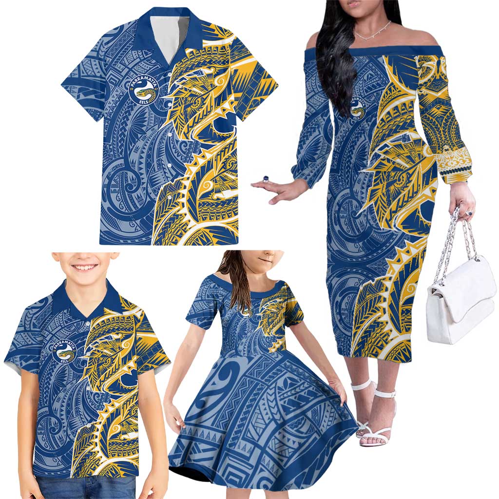 Parramatta Eels Family Matching Off The Shoulder Long Sleeve Dress and Hawaiian Shirt Polynesian Tribal Tattoo Pacific Sport Art