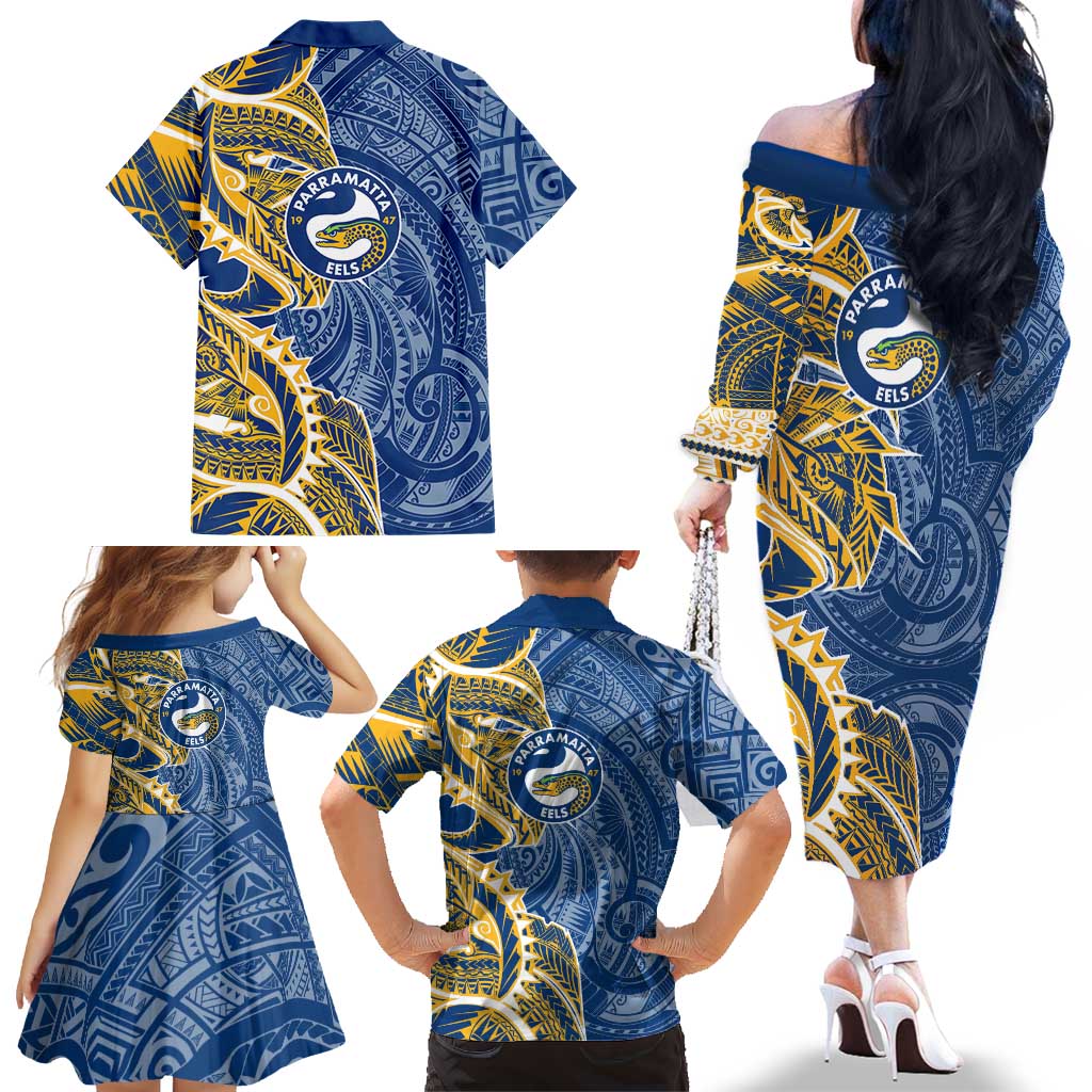 Parramatta Eels Family Matching Off The Shoulder Long Sleeve Dress and Hawaiian Shirt Polynesian Tribal Tattoo Pacific Sport Art