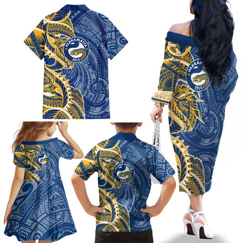 Parramatta Eels Family Matching Off The Shoulder Long Sleeve Dress and Hawaiian Shirt Polynesian Tribal Tattoo Pacific Sport Art