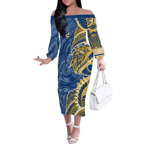 Parramatta Eels Family Matching Off The Shoulder Long Sleeve Dress and Hawaiian Shirt Polynesian Tribal Tattoo Pacific Sport Art