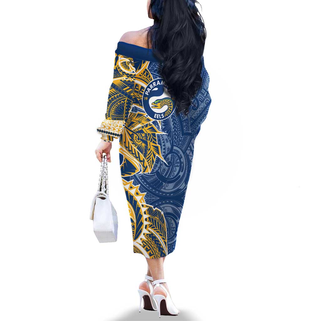 Parramatta Eels Family Matching Off The Shoulder Long Sleeve Dress and Hawaiian Shirt Polynesian Tribal Tattoo Pacific Sport Art