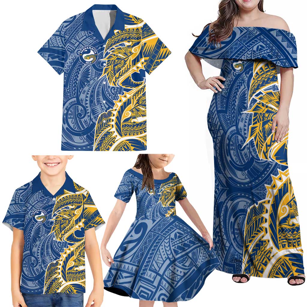 Parramatta Eels Family Matching Off Shoulder Maxi Dress and Hawaiian Shirt Polynesian Tribal Tattoo Pacific Sport Art