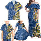 Parramatta Eels Family Matching Off Shoulder Maxi Dress and Hawaiian Shirt Polynesian Tribal Tattoo Pacific Sport Art