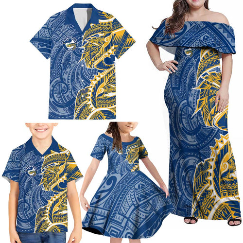 Parramatta Eels Family Matching Off Shoulder Maxi Dress and Hawaiian Shirt Polynesian Tribal Tattoo Pacific Sport Art
