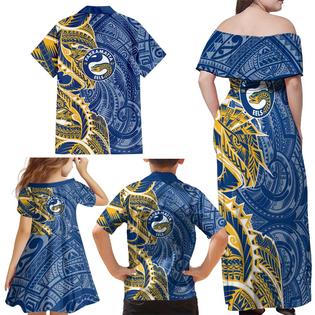 Parramatta Eels Family Matching Off Shoulder Maxi Dress and Hawaiian Shirt Polynesian Tribal Tattoo Pacific Sport Art