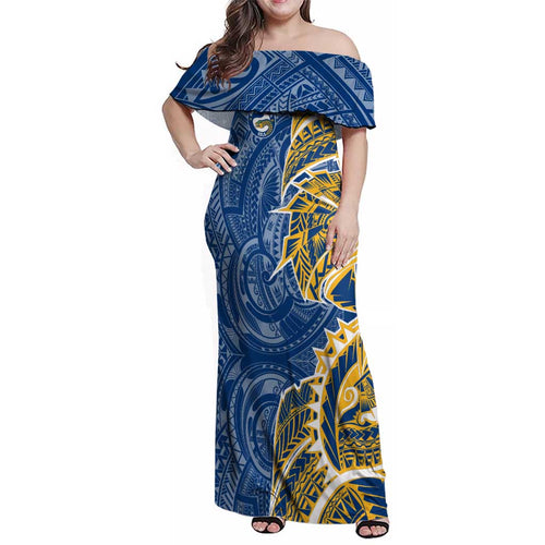 Parramatta Eels Family Matching Off Shoulder Maxi Dress and Hawaiian Shirt Polynesian Tribal Tattoo Pacific Sport Art