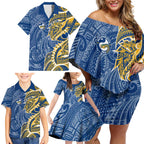 Parramatta Eels Family Matching Off Shoulder Short Dress and Hawaiian Shirt Polynesian Tribal Tattoo Pacific Sport Art