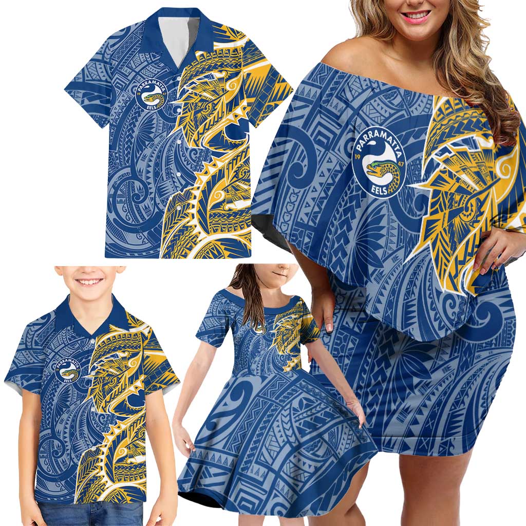 Parramatta Eels Family Matching Off Shoulder Short Dress and Hawaiian Shirt Polynesian Tribal Tattoo Pacific Sport Art