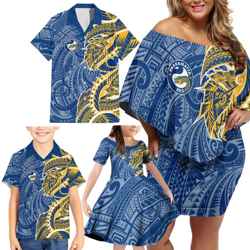 Parramatta Eels Family Matching Off Shoulder Short Dress and Hawaiian Shirt Polynesian Tribal Tattoo Pacific Sport Art