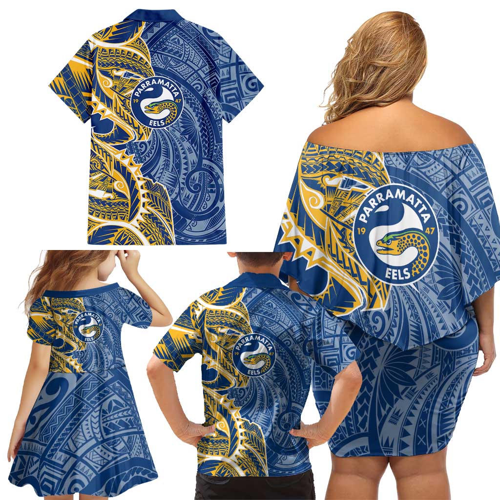 Parramatta Eels Family Matching Off Shoulder Short Dress and Hawaiian Shirt Polynesian Tribal Tattoo Pacific Sport Art