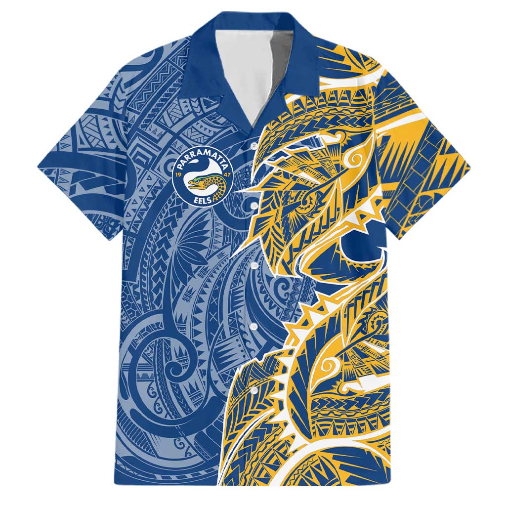 Parramatta Eels Family Matching Off Shoulder Short Dress and Hawaiian Shirt Polynesian Tribal Tattoo Pacific Sport Art