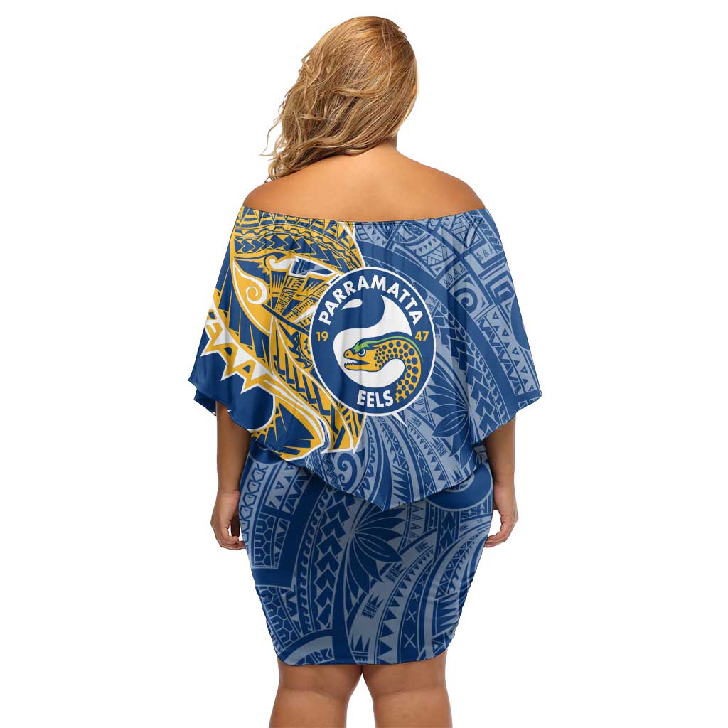 Parramatta Eels Family Matching Off Shoulder Short Dress and Hawaiian Shirt Polynesian Tribal Tattoo Pacific Sport Art