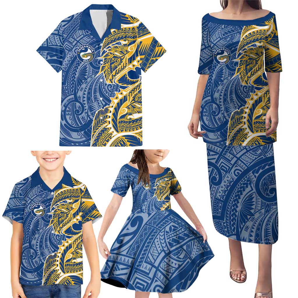 Parramatta Eels Family Matching Puletasi and Hawaiian Shirt Polynesian Tribal Tattoo Pacific Sport Art