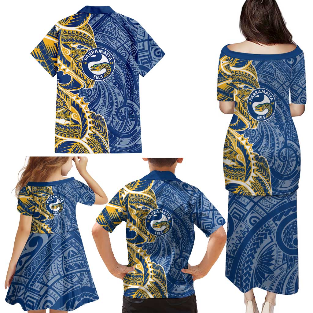 Parramatta Eels Family Matching Puletasi and Hawaiian Shirt Polynesian Tribal Tattoo Pacific Sport Art