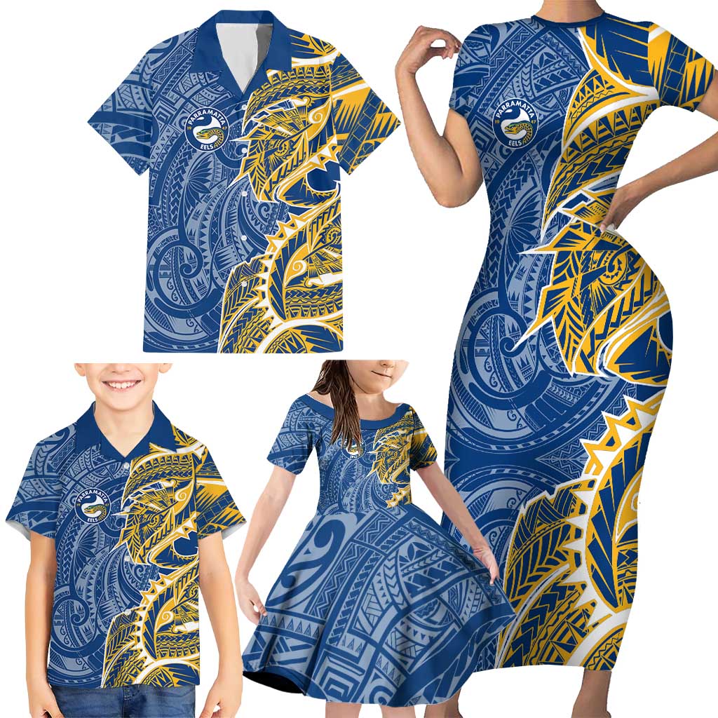 Parramatta Eels Family Matching Short Sleeve Bodycon Dress and Hawaiian Shirt Polynesian Tribal Tattoo Pacific Sport Art