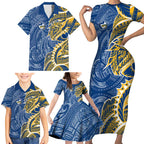 Parramatta Eels Family Matching Short Sleeve Bodycon Dress and Hawaiian Shirt Polynesian Tribal Tattoo Pacific Sport Art