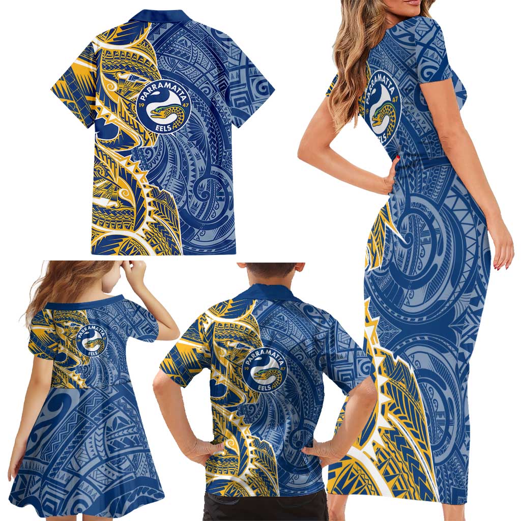 Parramatta Eels Family Matching Short Sleeve Bodycon Dress and Hawaiian Shirt Polynesian Tribal Tattoo Pacific Sport Art