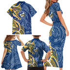 Parramatta Eels Family Matching Short Sleeve Bodycon Dress and Hawaiian Shirt Polynesian Tribal Tattoo Pacific Sport Art