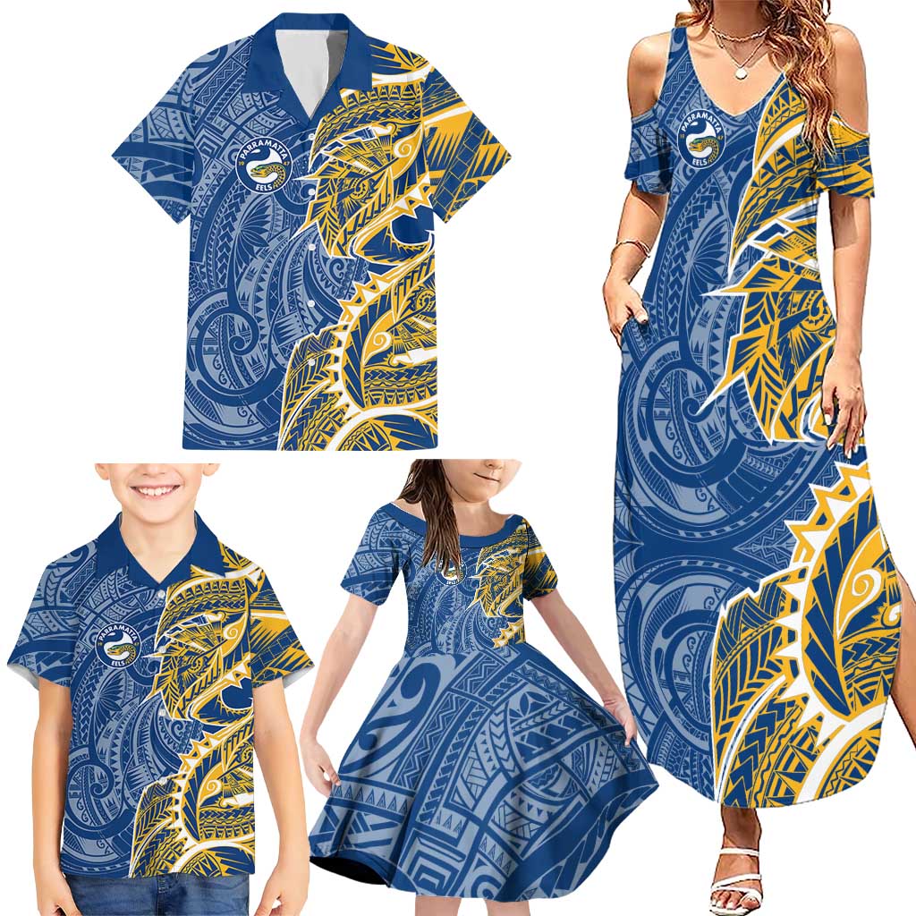 Parramatta Eels Family Matching Summer Maxi Dress and Hawaiian Shirt Polynesian Tribal Tattoo Pacific Sport Art