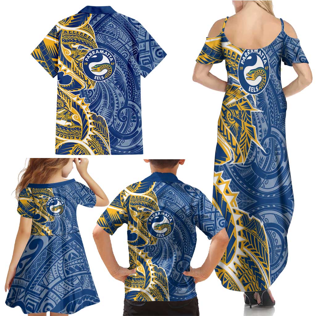 Parramatta Eels Family Matching Summer Maxi Dress and Hawaiian Shirt Polynesian Tribal Tattoo Pacific Sport Art