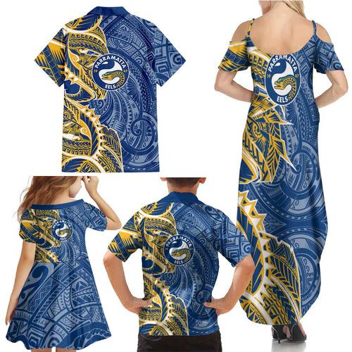 Parramatta Eels Family Matching Summer Maxi Dress and Hawaiian Shirt Polynesian Tribal Tattoo Pacific Sport Art