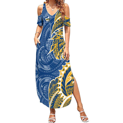 Parramatta Eels Family Matching Summer Maxi Dress and Hawaiian Shirt Polynesian Tribal Tattoo Pacific Sport Art