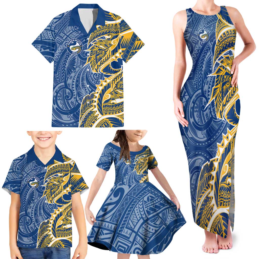 Parramatta Eels Family Matching Tank Maxi Dress and Hawaiian Shirt Polynesian Tribal Tattoo Pacific Sport Art