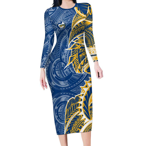 Parramatta Eels Long Sleeve Bodycon Dress Polynesian Tribal Tattoo Pacific Sport Art