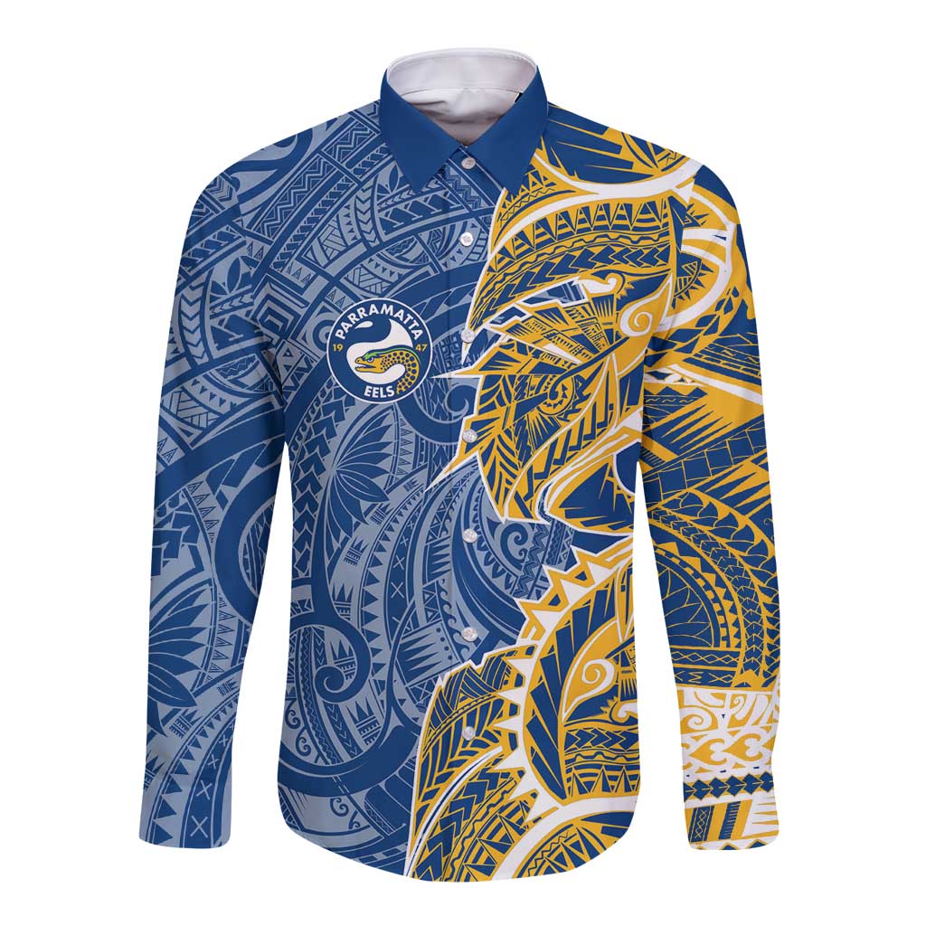 Parramatta Eels Long Sleeve Button Shirt Polynesian Tribal Tattoo Pacific Sport Art