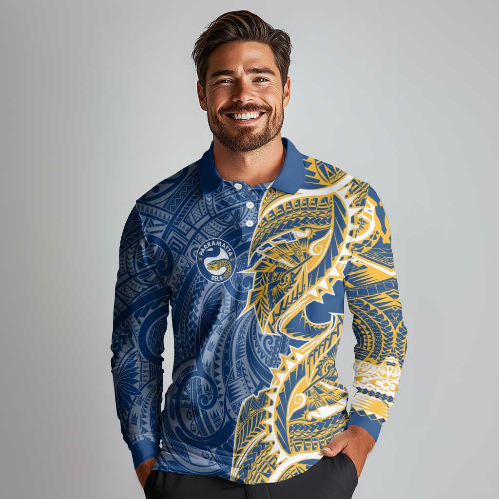 Parramatta Eels Long Sleeve Polo Shirt Polynesian Tribal Tattoo Pacific Sport Art