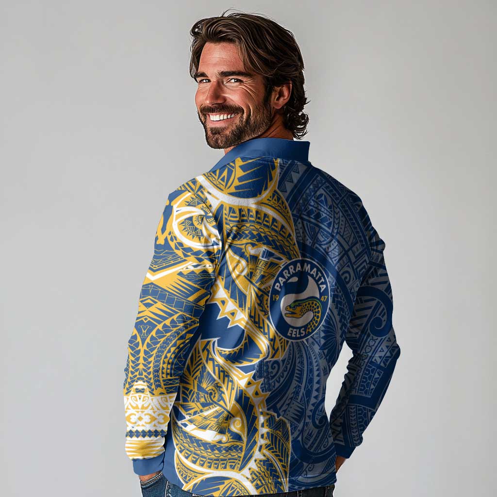 Parramatta Eels Long Sleeve Polo Shirt Polynesian Tribal Tattoo Pacific Sport Art