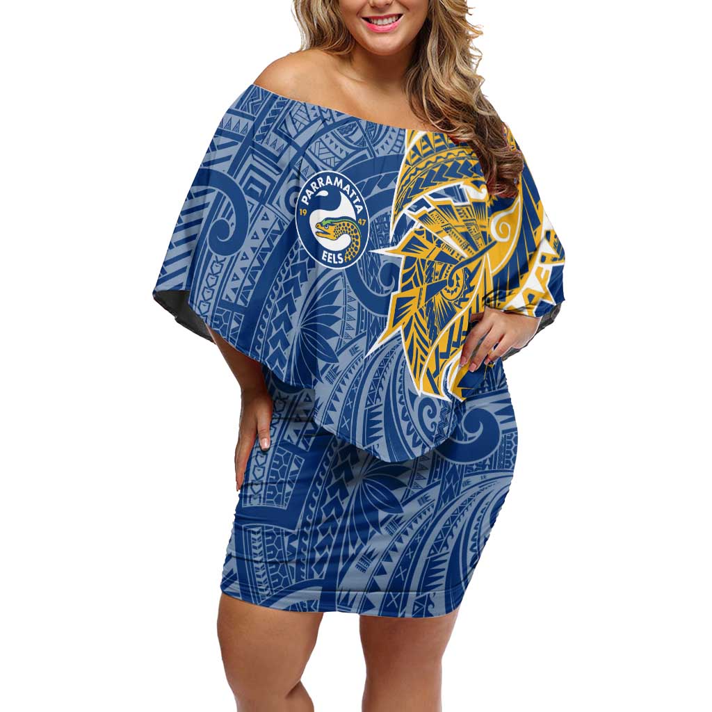 Parramatta Eels Off Shoulder Short Dress Polynesian Tribal Tattoo Pacific Sport Art