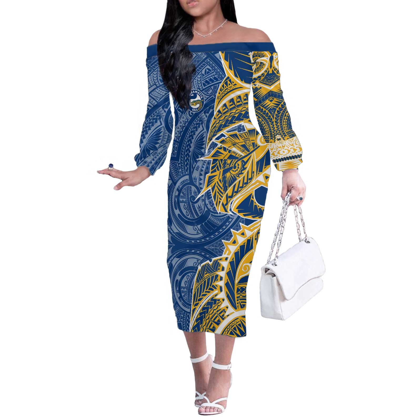 Parramatta Eels Off The Shoulder Long Sleeve Dress Polynesian Tribal Tattoo Pacific Sport Art