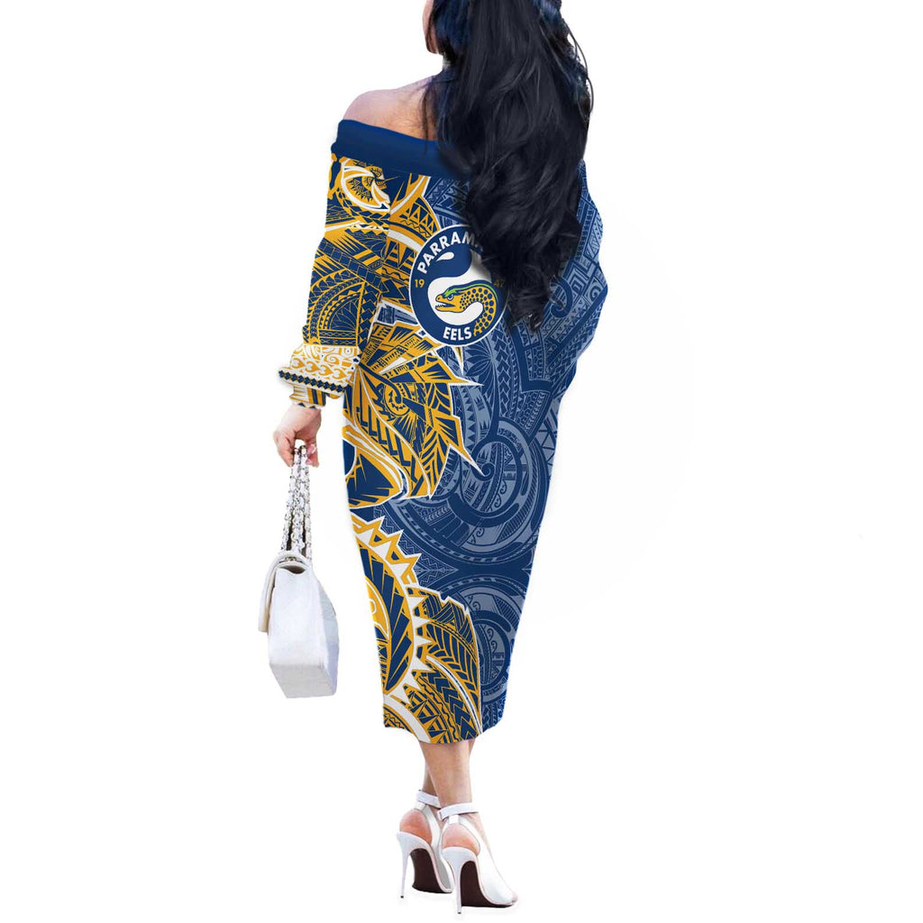 Parramatta Eels Off The Shoulder Long Sleeve Dress Polynesian Tribal Tattoo Pacific Sport Art