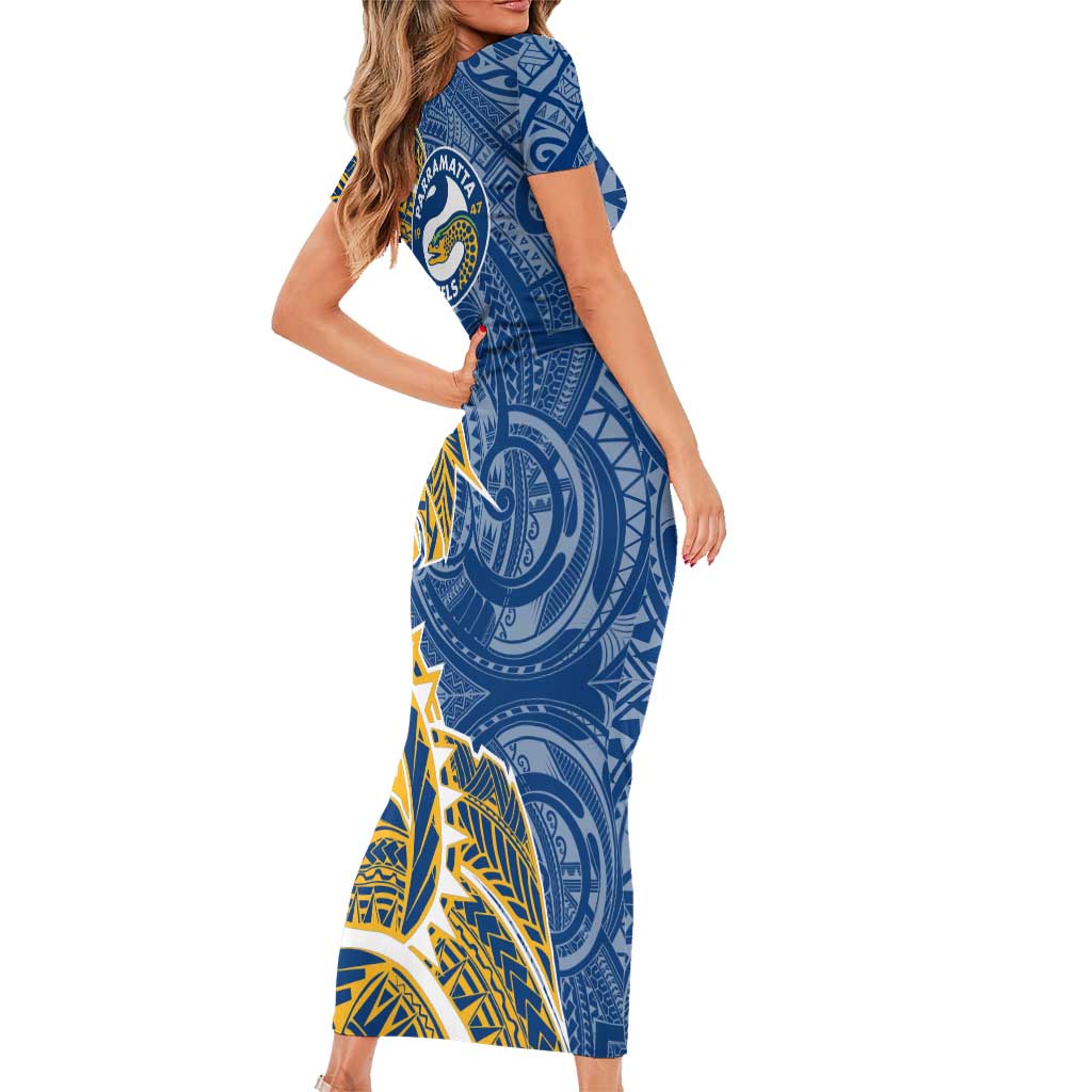 Parramatta Eels Short Sleeve Bodycon Dress Polynesian Tribal Tattoo Pacific Sport Art