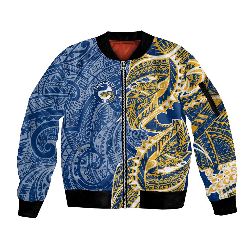 Parramatta Eels Sleeve Zip Bomber Jacket Polynesian Tribal Tattoo Pacific Sport Art