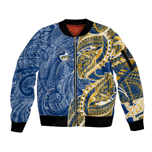 Parramatta Eels Sleeve Zip Bomber Jacket Polynesian Tribal Tattoo Pacific Sport Art