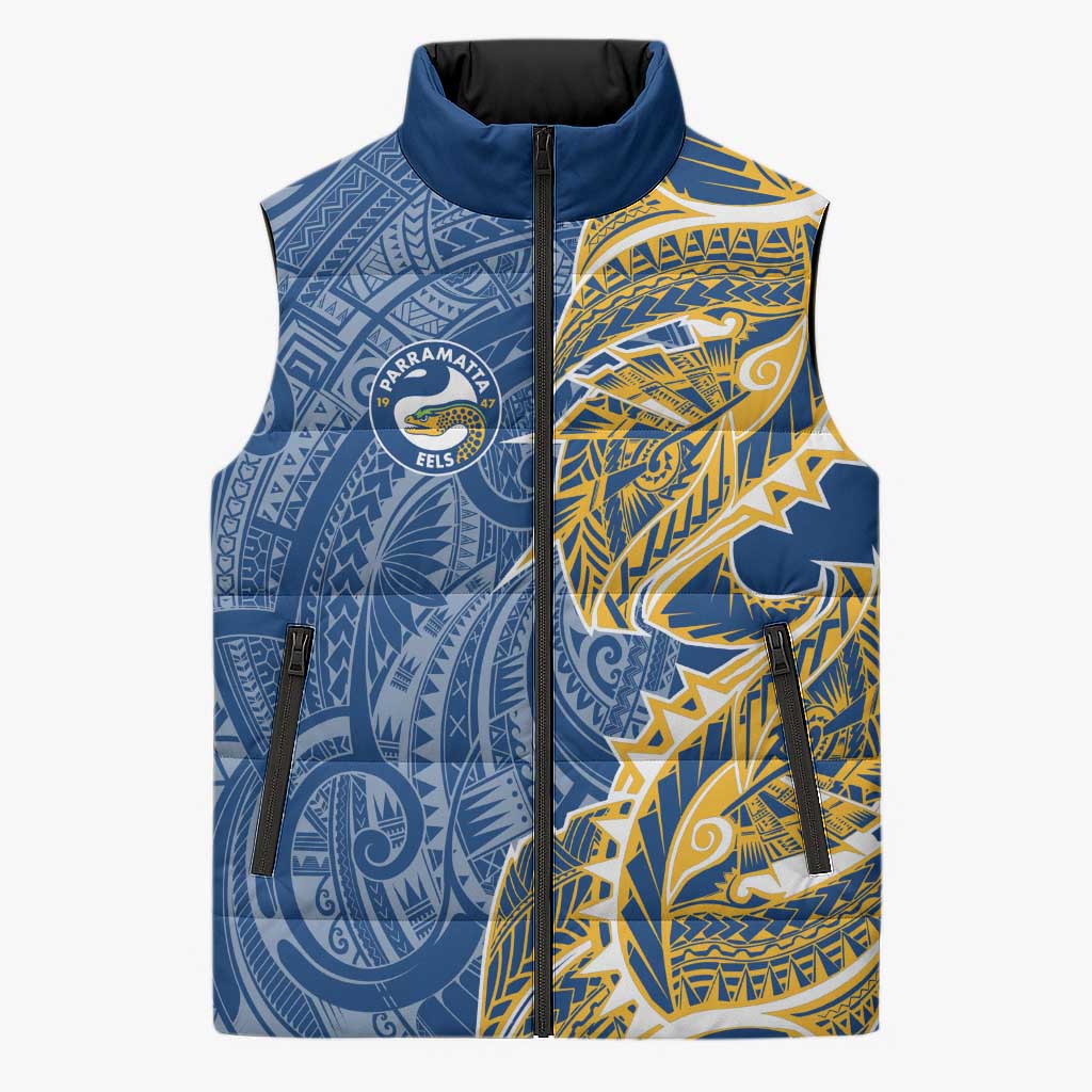 Parramatta Eels Sleeveless Puffer Jacket Polynesian Tribal Tattoo Pacific Sport Art