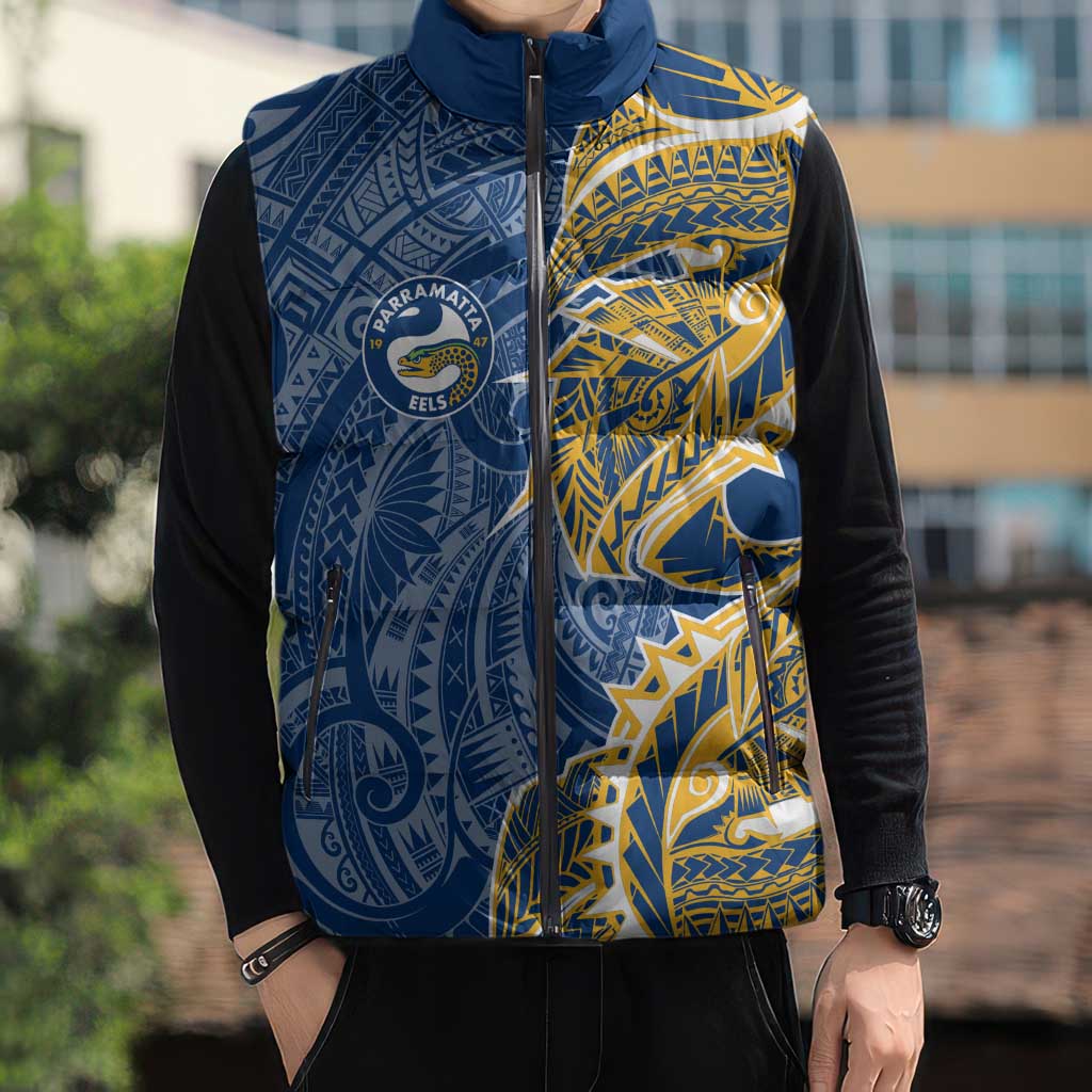 Parramatta Eels Sleeveless Puffer Jacket Polynesian Tribal Tattoo Pacific Sport Art