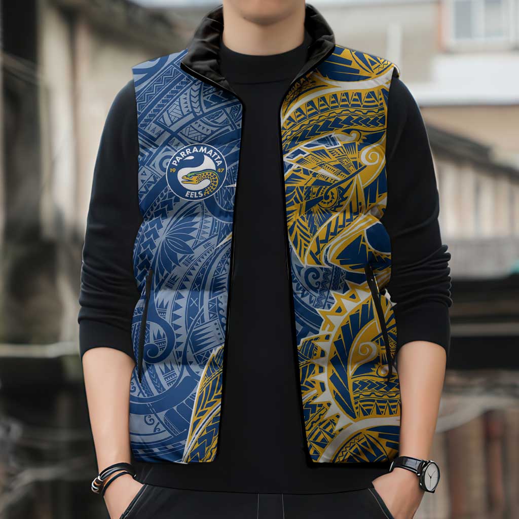 Parramatta Eels Sleeveless Puffer Jacket Polynesian Tribal Tattoo Pacific Sport Art