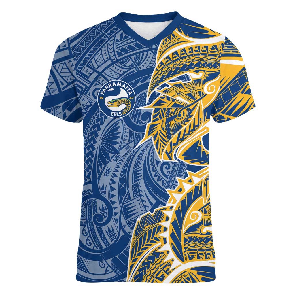 Parramatta Eels Women V-Neck T-Shirt Polynesian Tribal Tattoo Pacific Sport Art