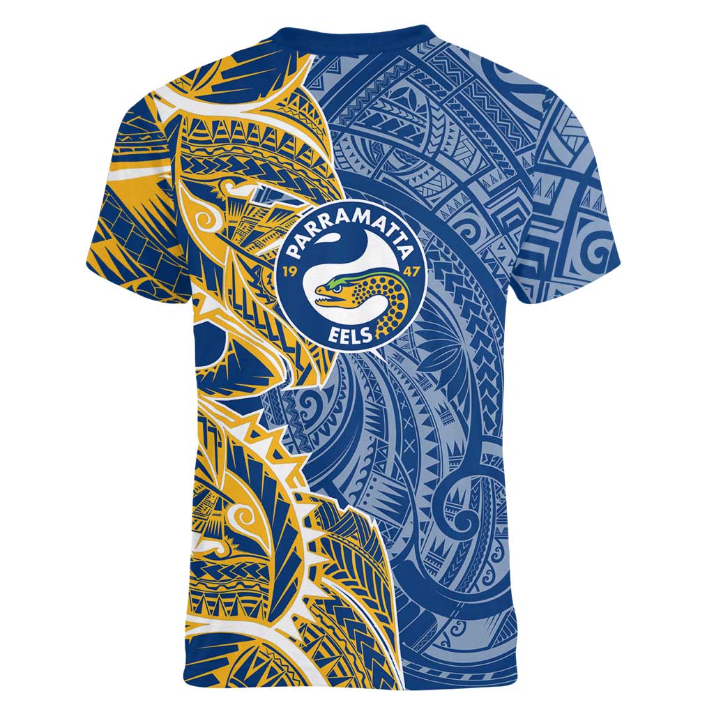 Parramatta Eels Women V-Neck T-Shirt Polynesian Tribal Tattoo Pacific Sport Art