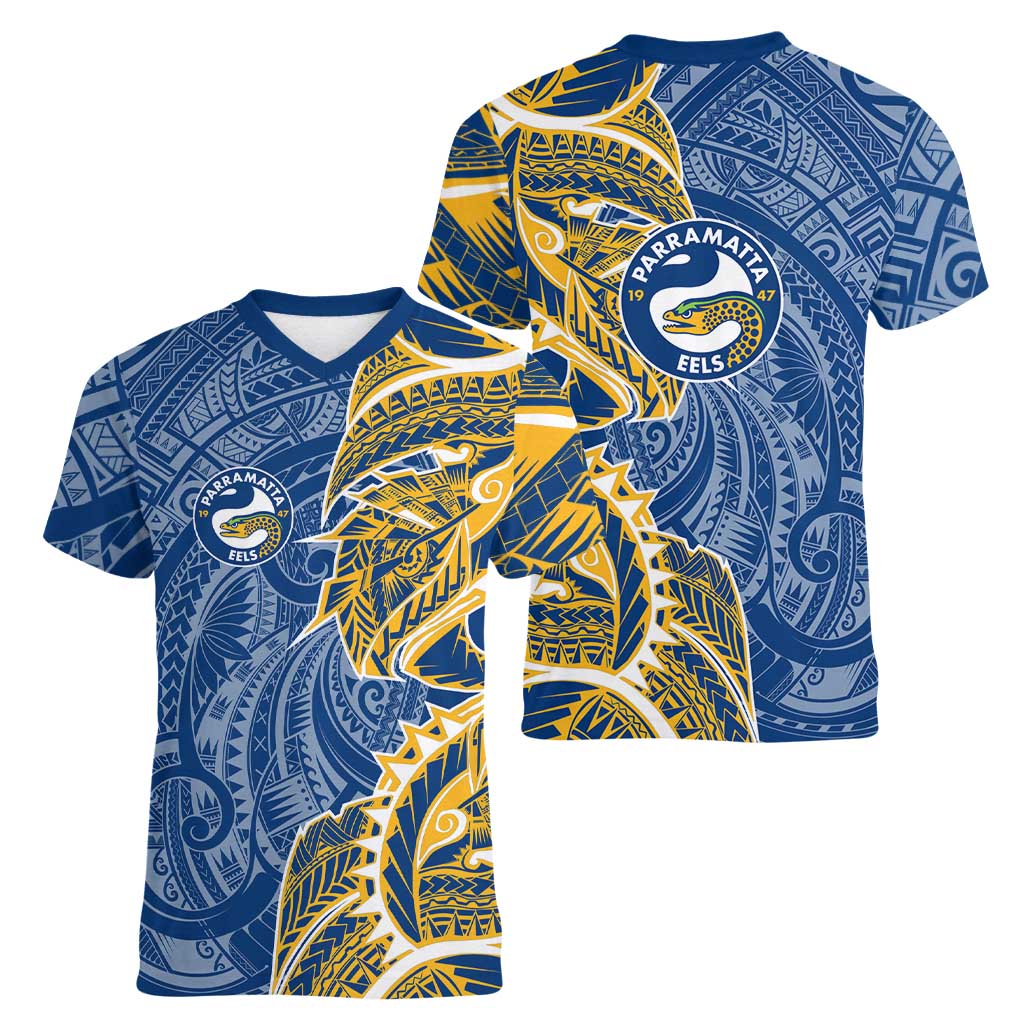 Parramatta Eels Women V-Neck T-Shirt Polynesian Tribal Tattoo Pacific Sport Art