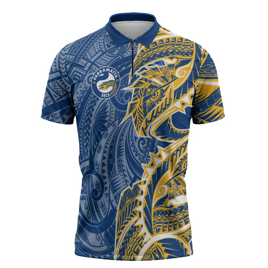 Parramatta Eels Zipper Polo Shirt Polynesian Tribal Tattoo Pacific Sport Art