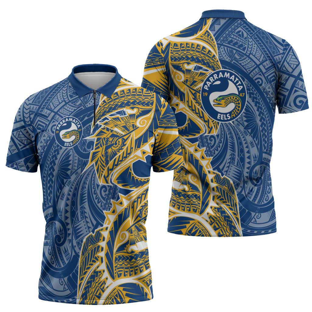 Parramatta Eels Zipper Polo Shirt Polynesian Tribal Tattoo Pacific Sport Art