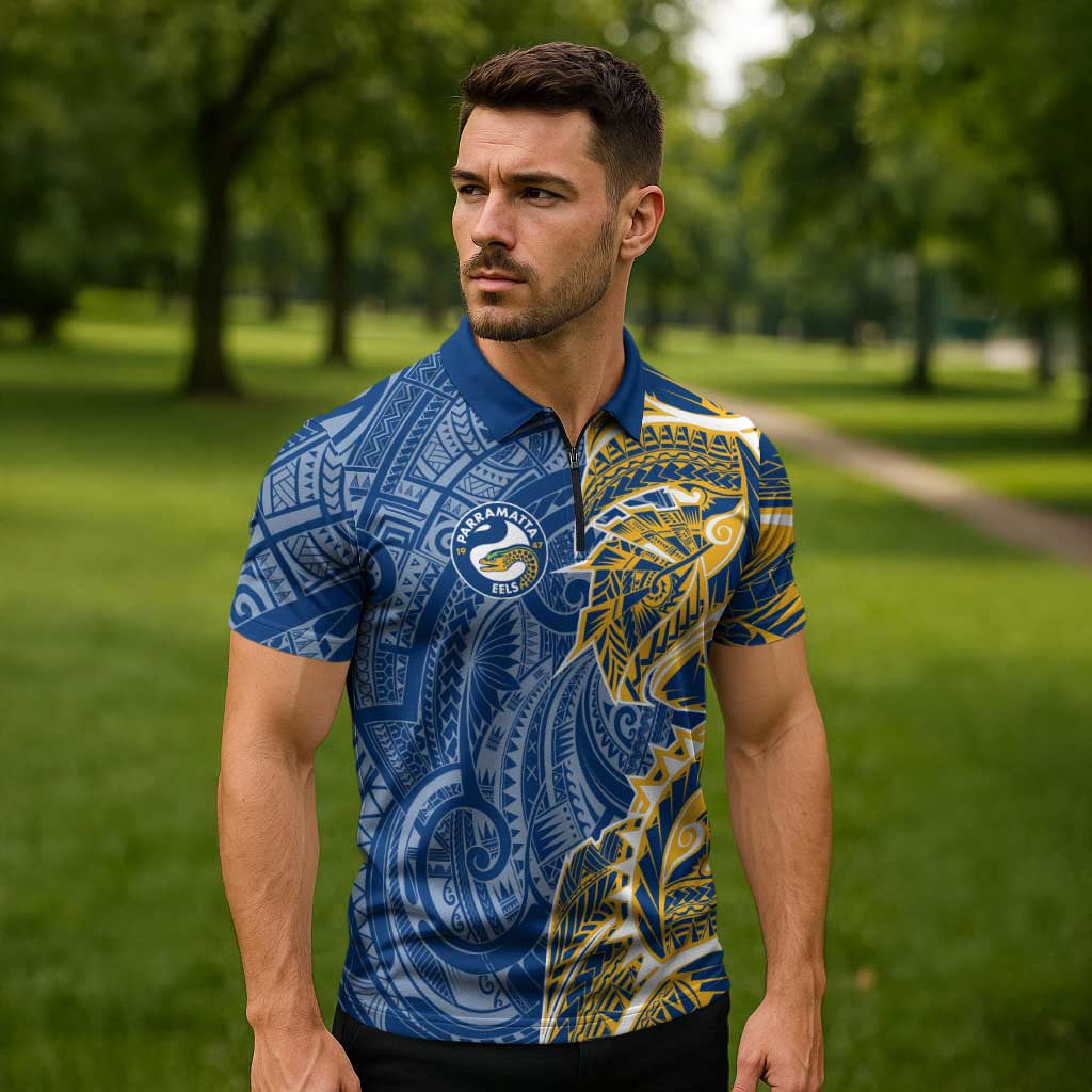 Parramatta Eels Zipper Polo Shirt Polynesian Tribal Tattoo Pacific Sport Art