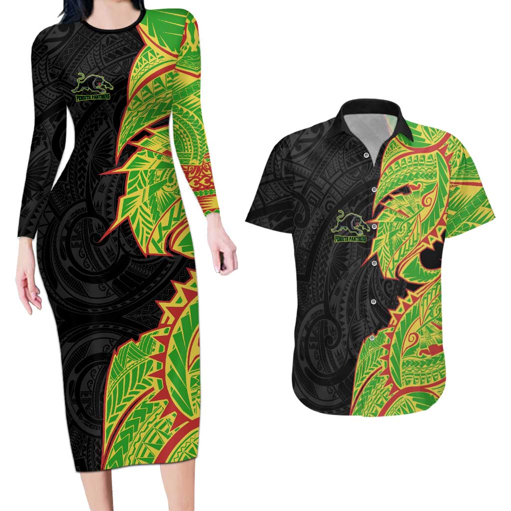 Penrith Panthers Couples Matching Long Sleeve Bodycon Dress and Hawaiian Shirt Polynesian Tribal Tattoo Pacific Sport Art