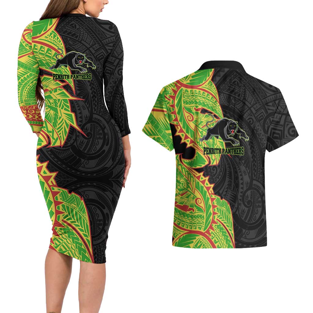 Penrith Panthers Couples Matching Long Sleeve Bodycon Dress and Hawaiian Shirt Polynesian Tribal Tattoo Pacific Sport Art