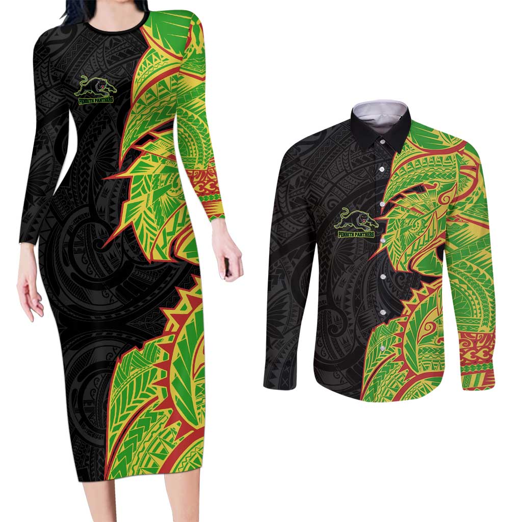 Penrith Panthers Couples Matching Long Sleeve Bodycon Dress and Long Sleeve Button Shirt Polynesian Tribal Tattoo Pacific Sport Art