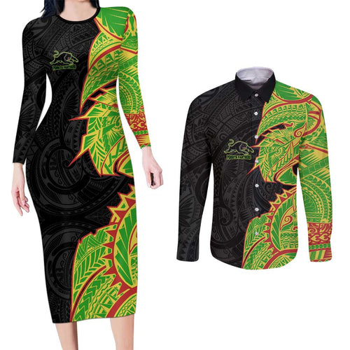 Penrith Panthers Couples Matching Long Sleeve Bodycon Dress and Long Sleeve Button Shirt Polynesian Tribal Tattoo Pacific Sport Art